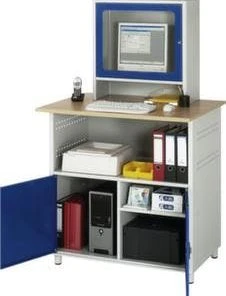 Null PC-Schrank, HxBxT 1810x1100x800mm, Monitorfach, 2 Fächer, Schrank, Korpus RAL7035, Front RAL5010, Platte Buche